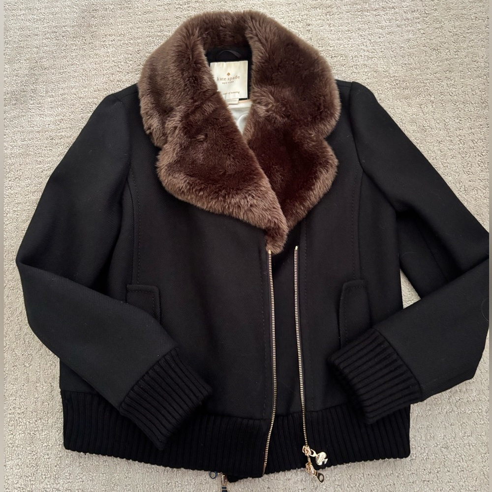 Kate Spade Black Jacket with Brown Faux Fur Collar